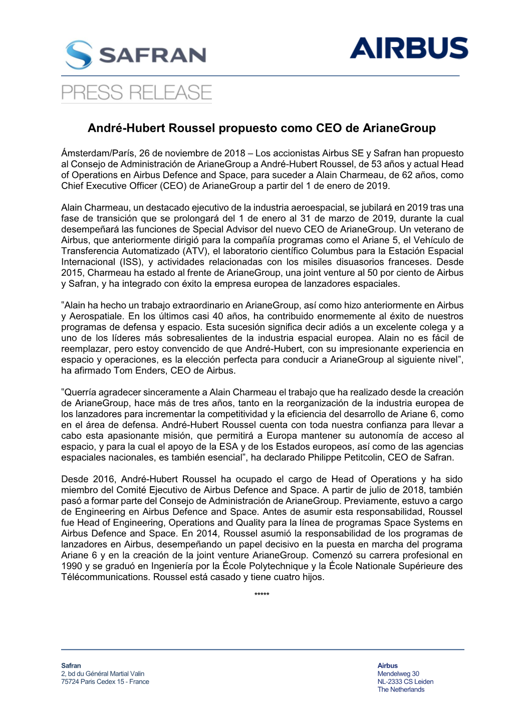 André-Hubert Roussel Propuesto Como CEO De Arianegroup
