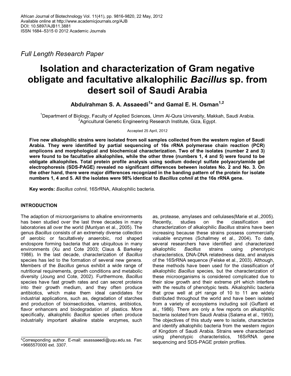 Isolation and Characterization of Gram Negative Obligate and Facultative Alkalophilic Bacillus Sp