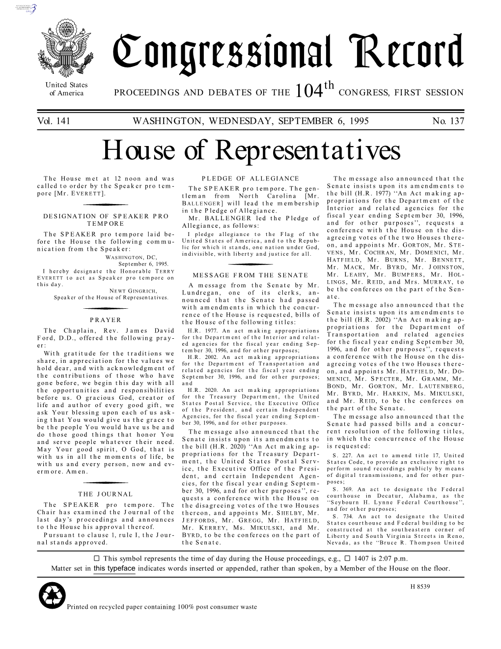 Congressional Record United States Th of America PROCEEDINGS and DEBATES of the 104 CONGRESS, FIRST SESSION