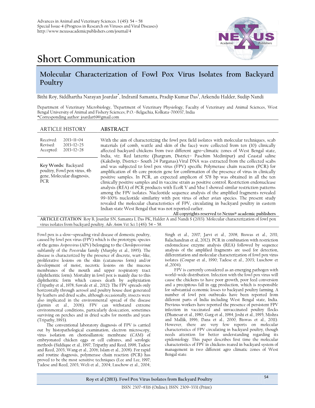 Short Communication Molecular Characterization of Fowl Pox Virus Isolates from Backyard Poultry