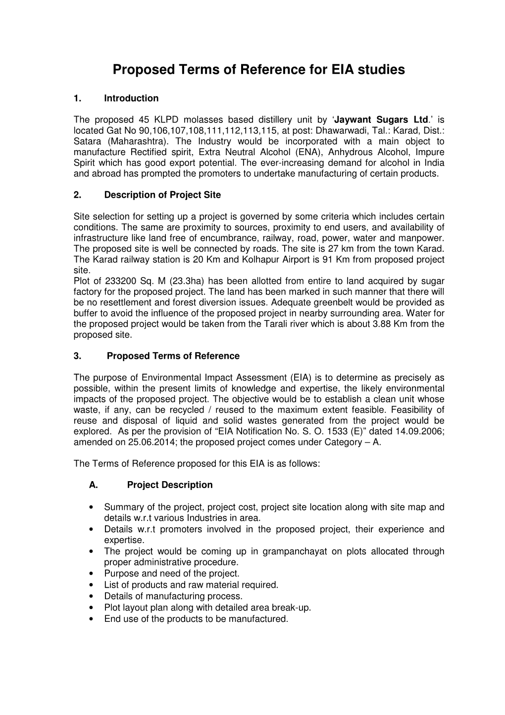 Proposed Terms of Reference for EIA Studies