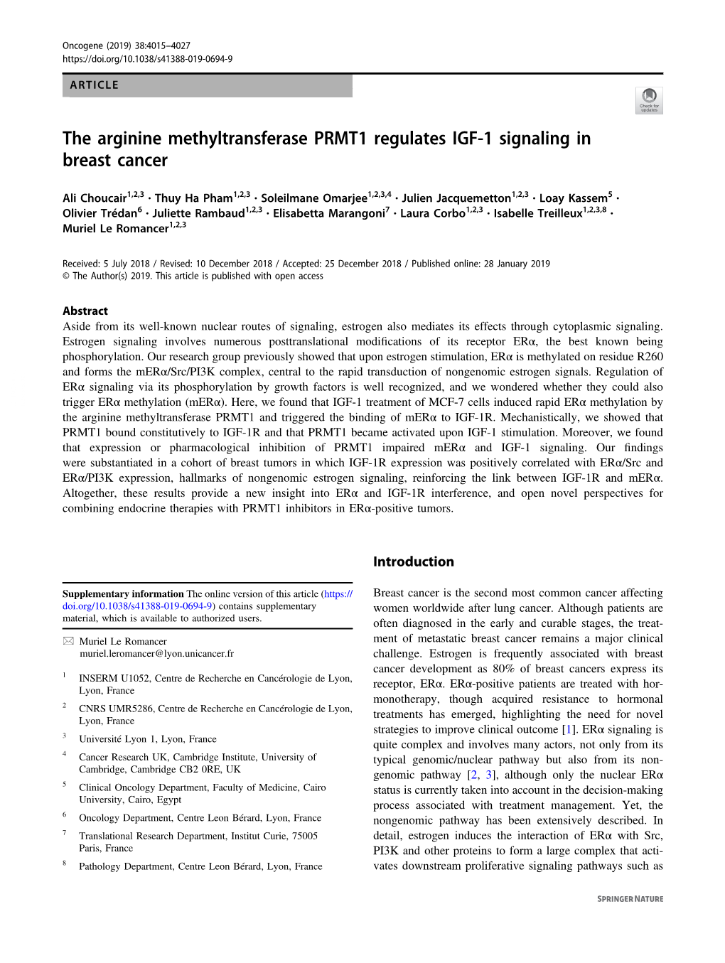 The Arginine Methyltransferase PRMT1 Regulates IGF-1 Signaling in Breast Cancer