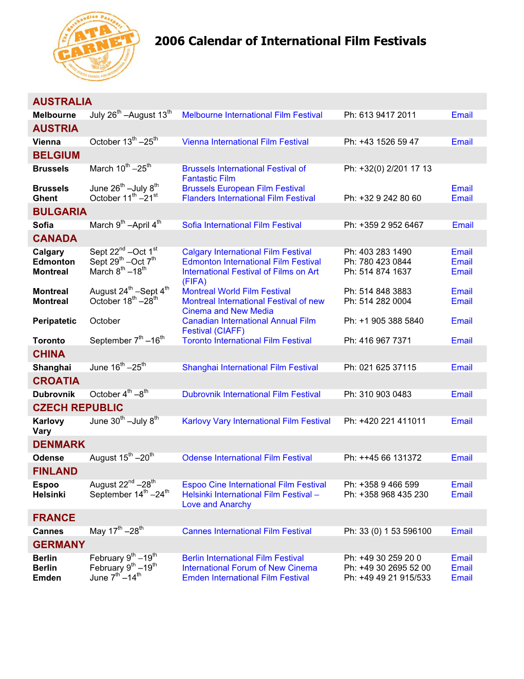 2006 Calendar of International Film Festivals