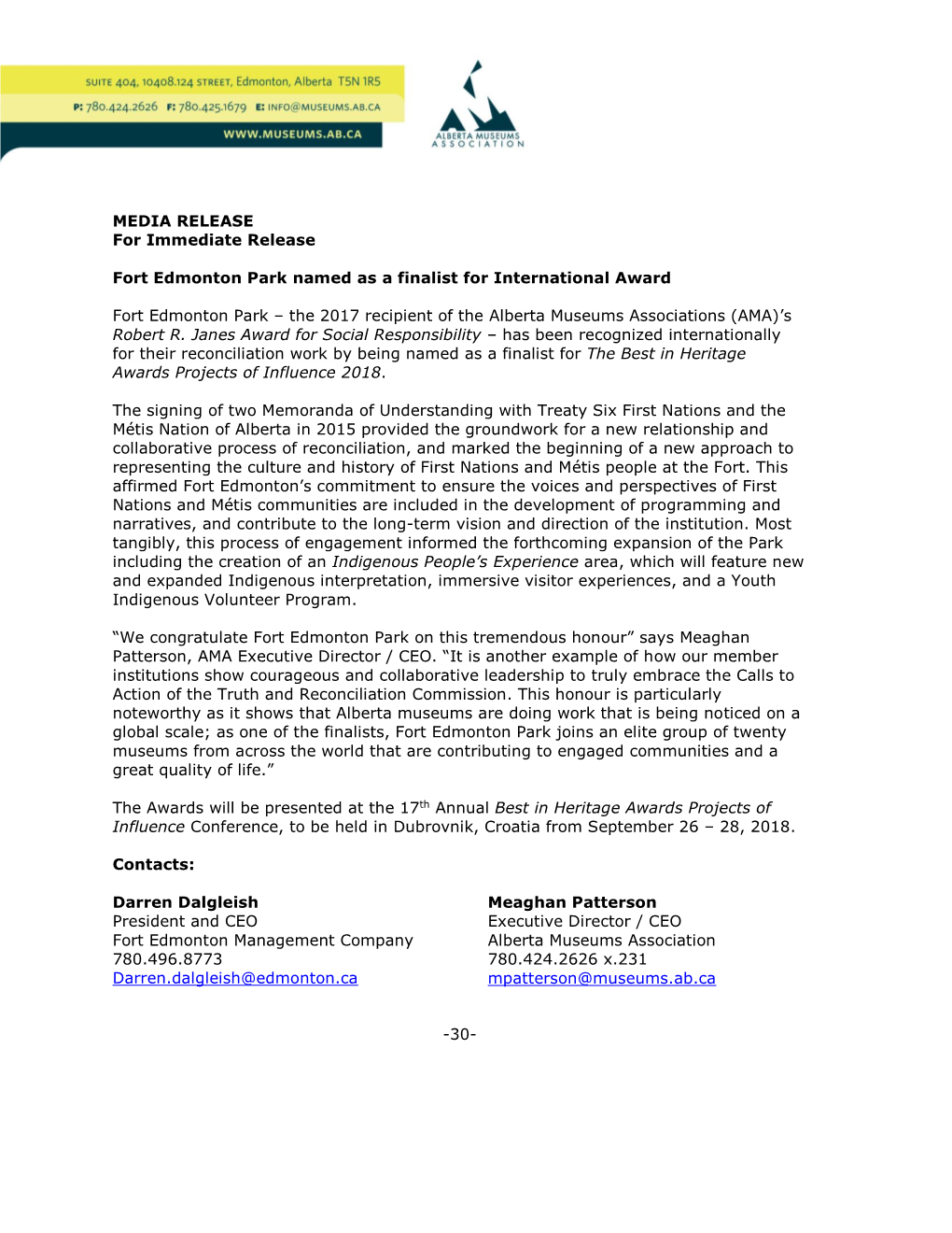 MEDIA RELEASE for Immediate Release Fort Edmonton Park