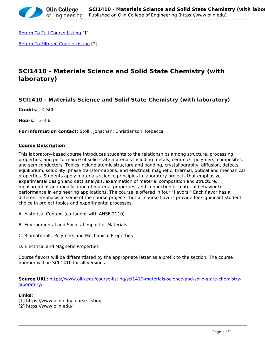 SCI1410 - Materials Science and Solid State Chemistry (With Laboratory) Published on Olin College of Engineering (
