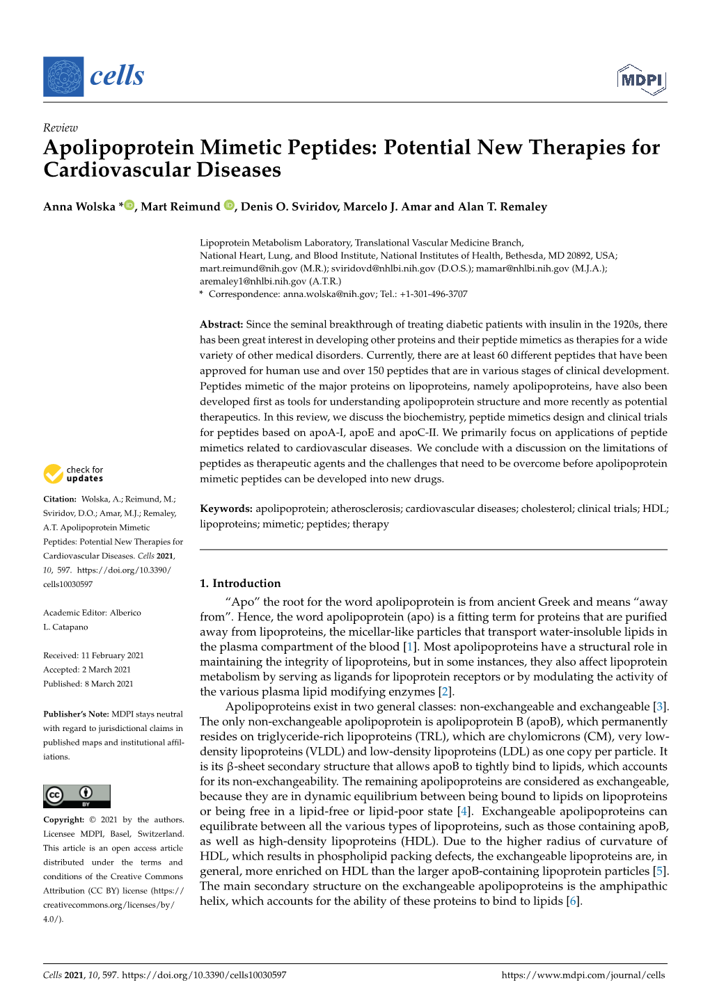 Apolipoprotein Mimetic Peptides: Potential New Therapies for Cardiovascular Diseases