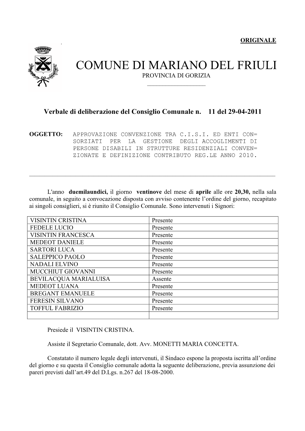 Comune Di Mariano Del Friuli Provincia Di Gorizia ______