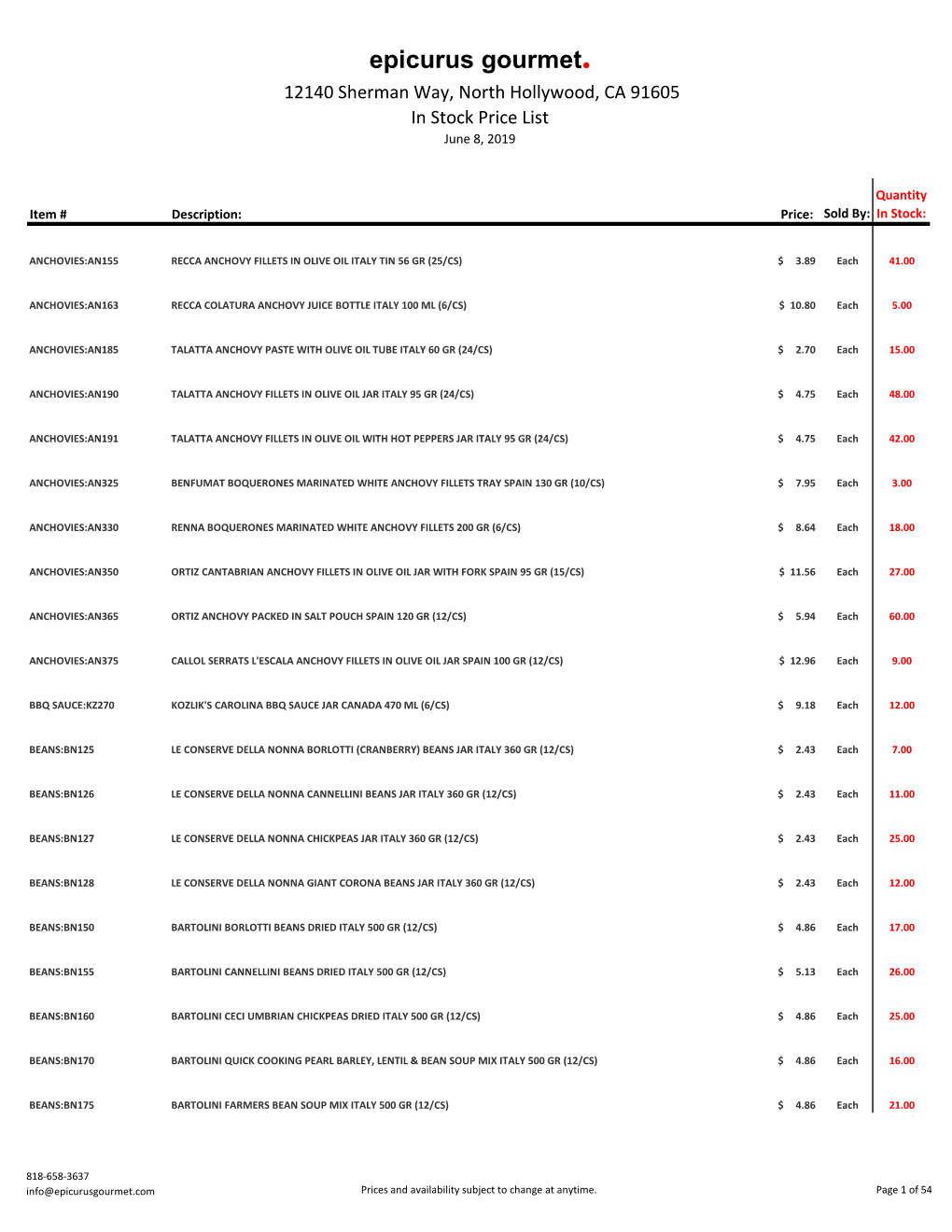 Epicurus Gourmet. 12140 Sherman Way, North Hollywood, CA 91605 in Stock Price List June 8, 2019