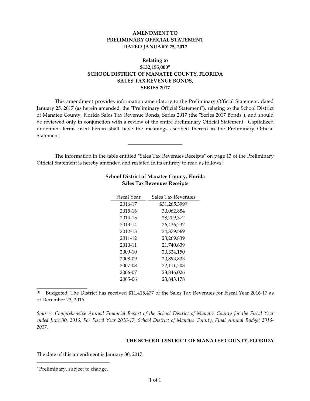 School District of Manatee County, Florida Sales Tax Revenue Bonds, Series 2017