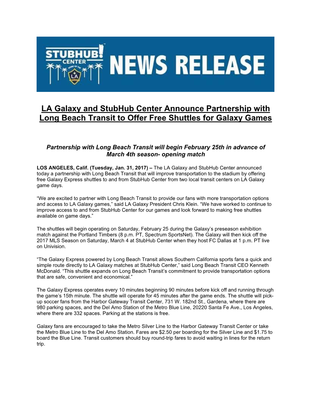 LA Galaxy and Stubhub Center Announce Partnership with Long Beach Transit to Offer Free Shuttles for Galaxy Games