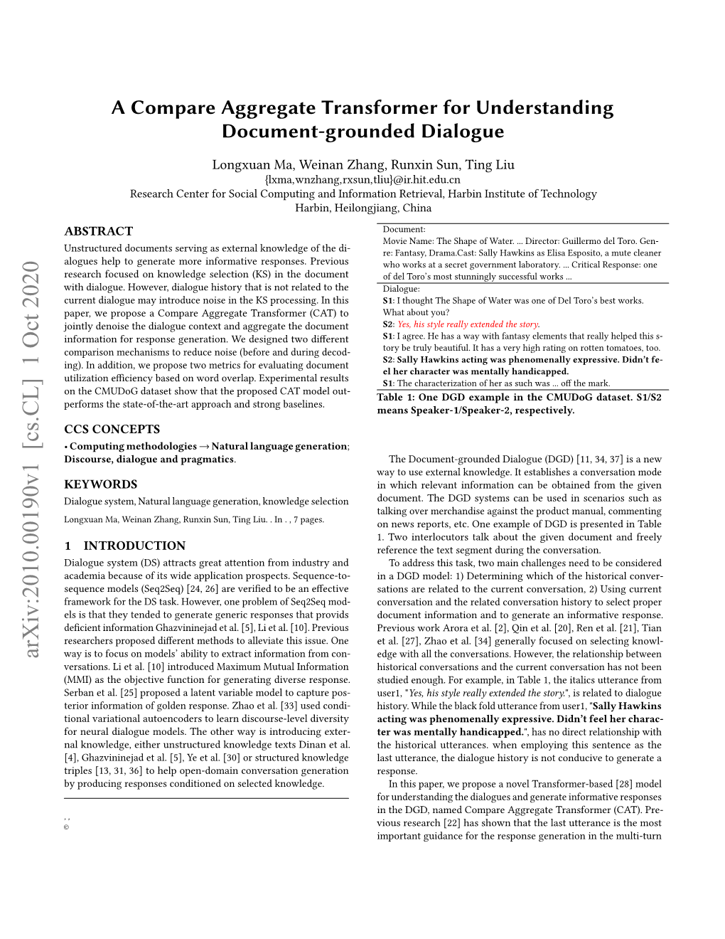 A Compare Aggregate Transformer for Understanding Document-Grounded Dialogue