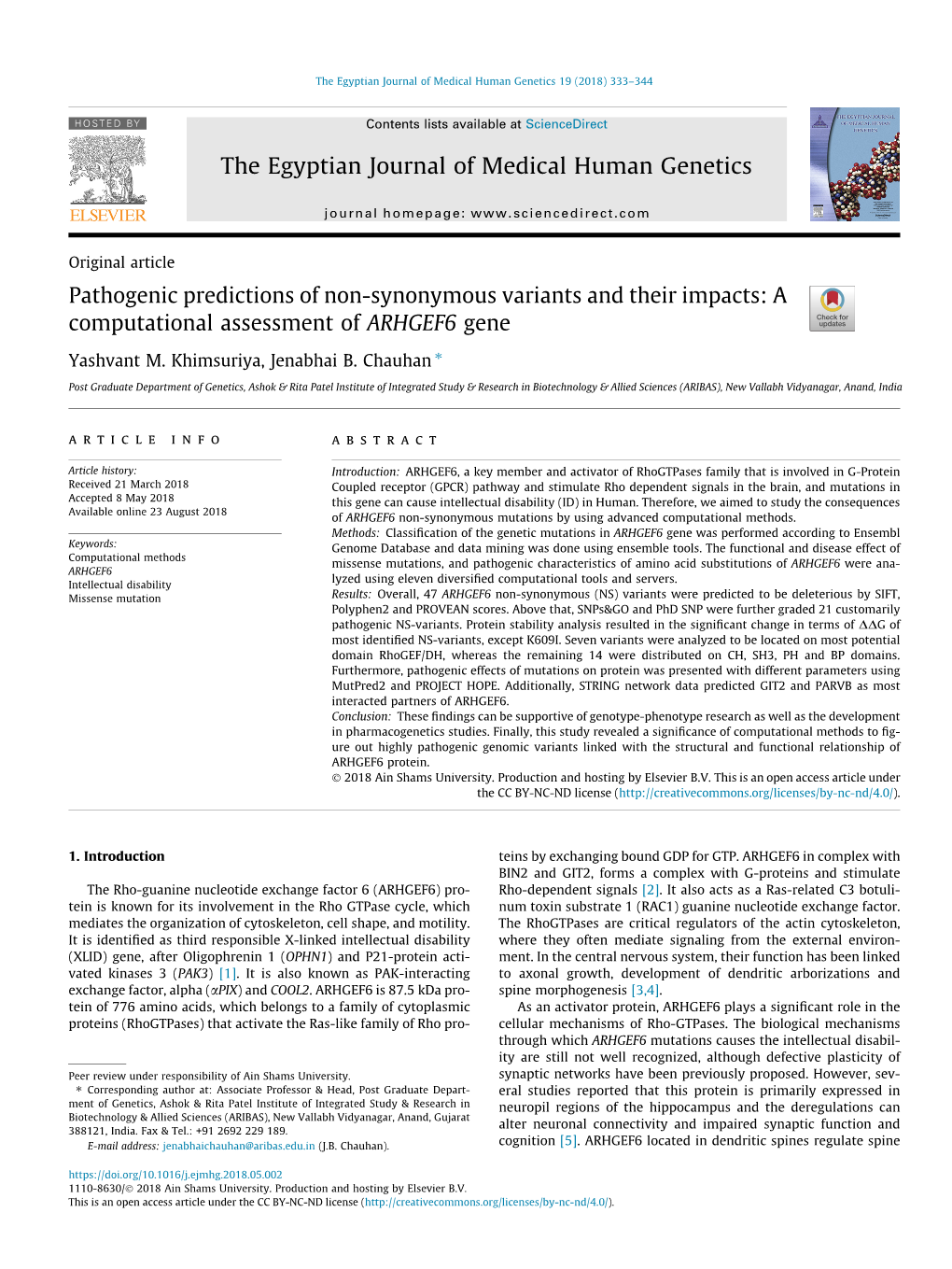 A Computational Assessment of ARHGEF6 Gene ⇑ Yashvant M