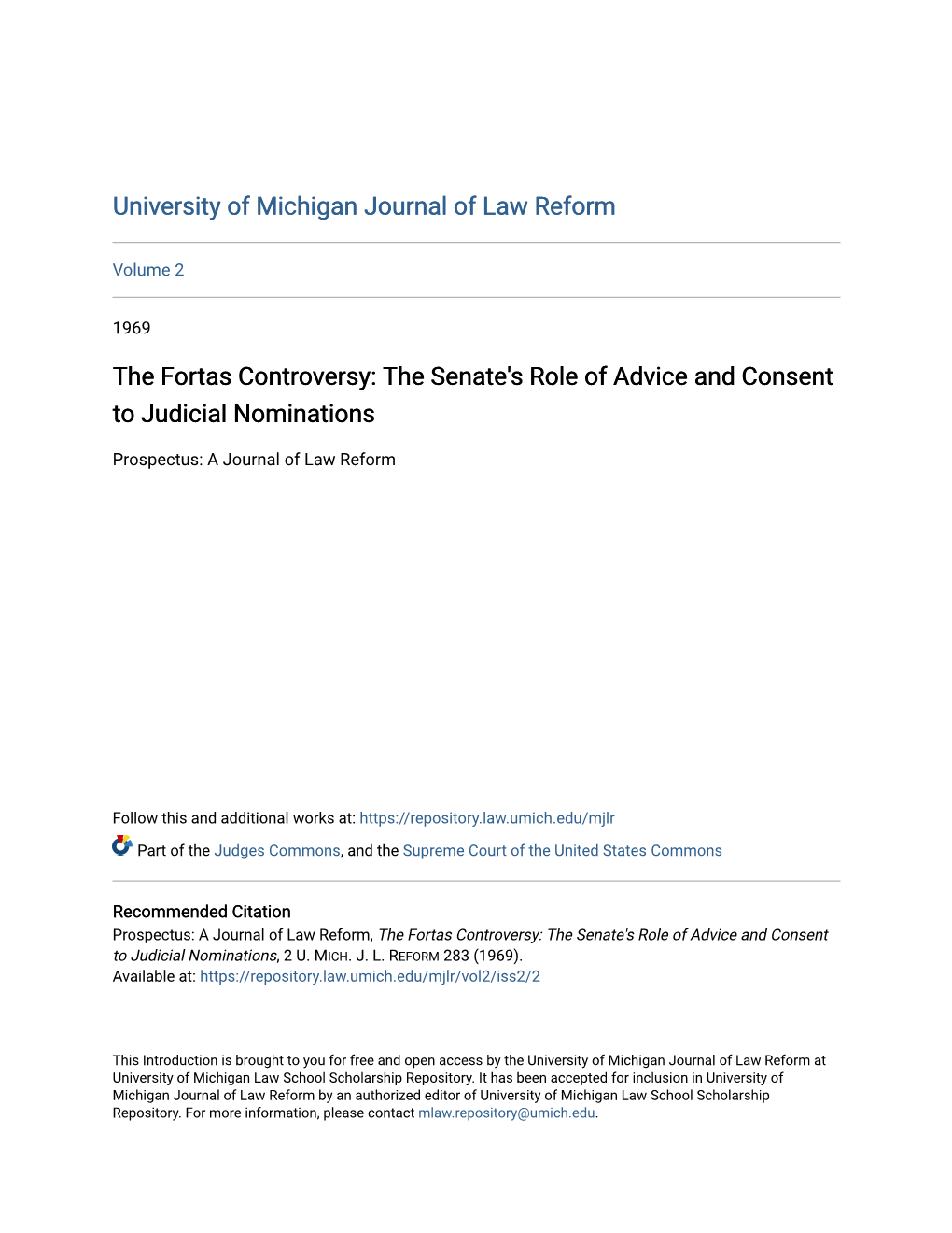 The Fortas Controversy: the Senate's Role of Advice and Consent to Judicial Nominations
