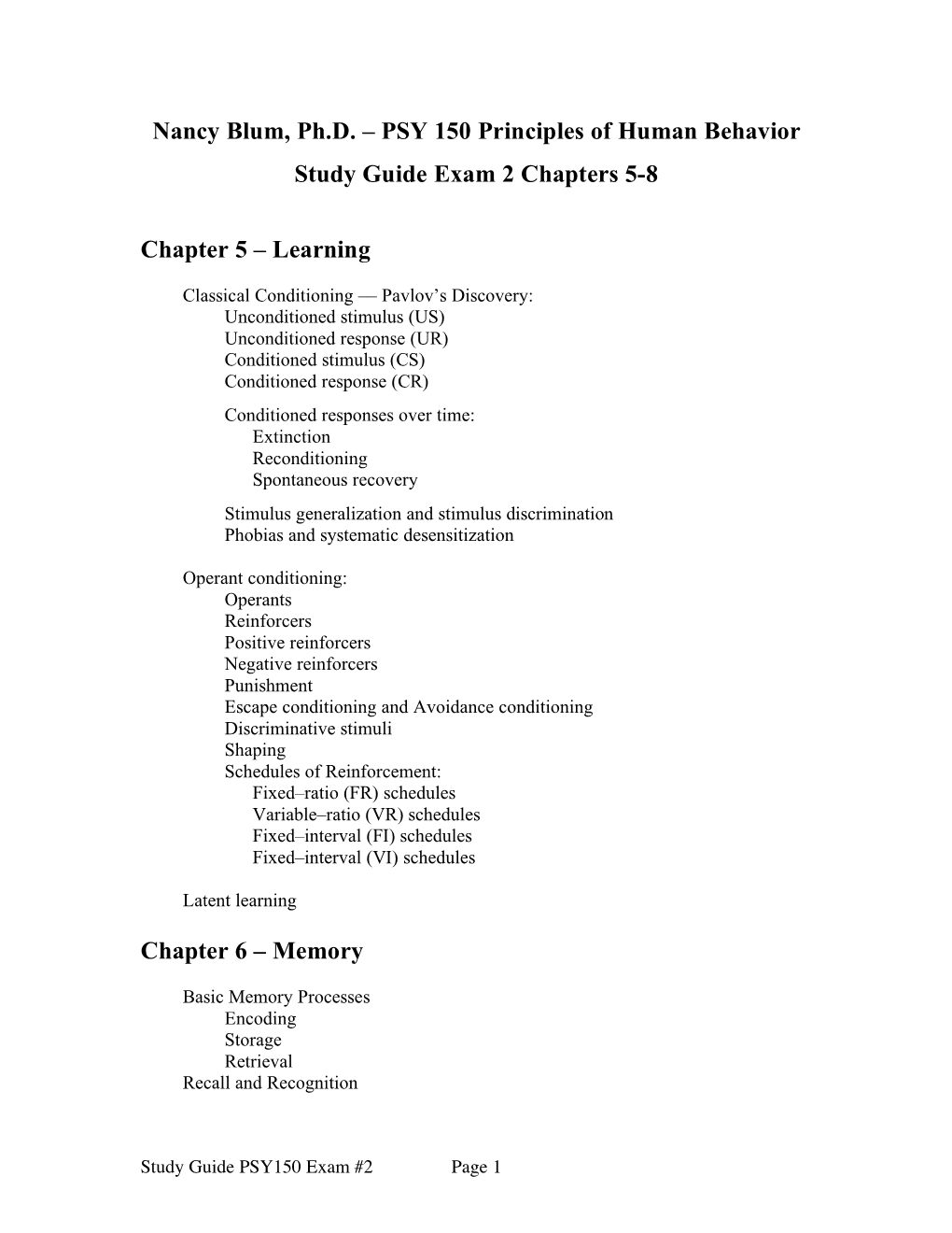PSY 150 Principles of Human Behavior Study Guide Exam 2 Chapters 5-8