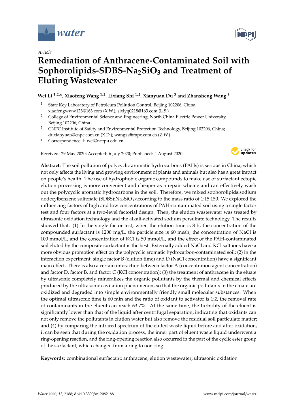 Remediation of Anthracene-Contaminated Soil with Sophorolipids-SDBS-Na2sio3 and Treatment of Eluting Wastewater