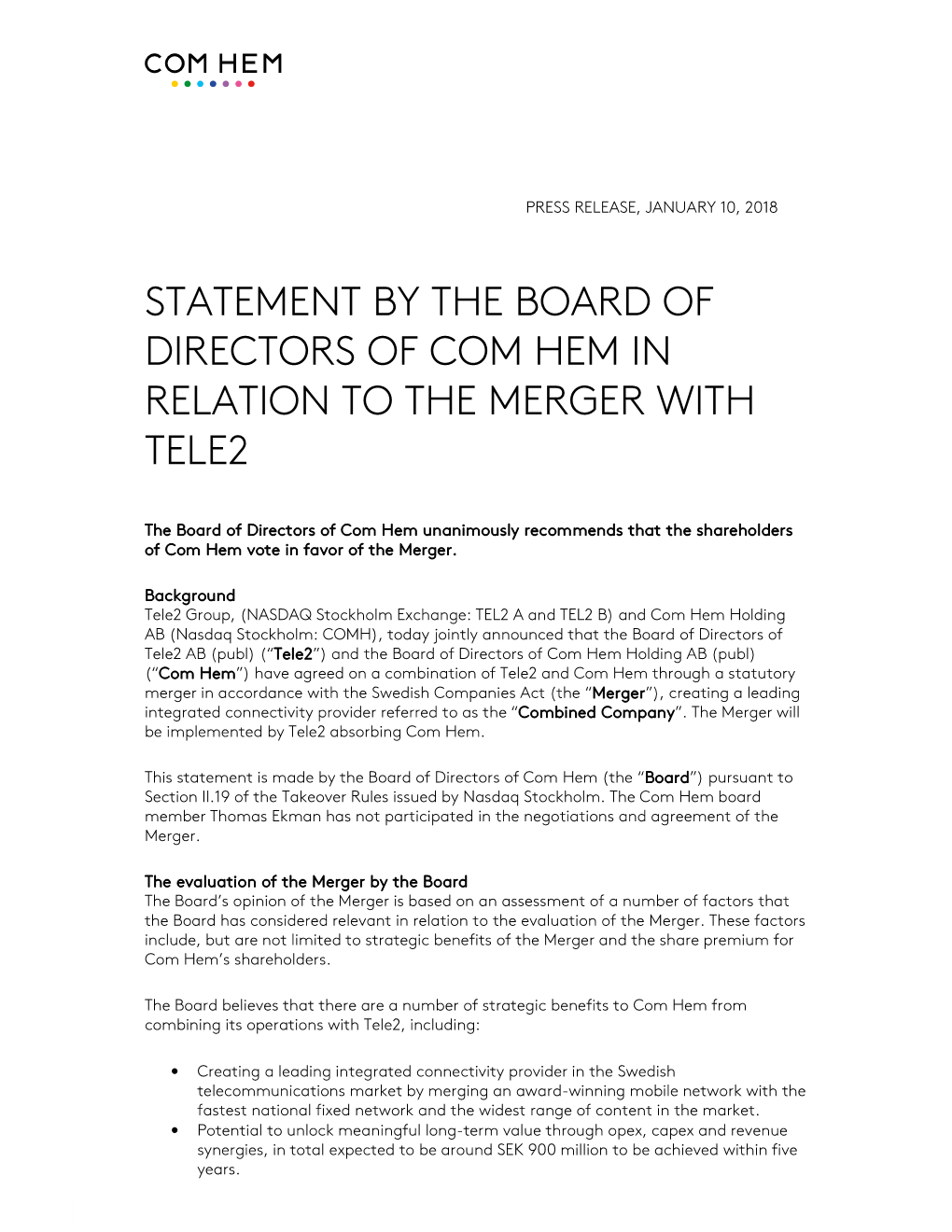 Statement by the Board of Directors of Com Hem in Relation to the Merger with Tele2