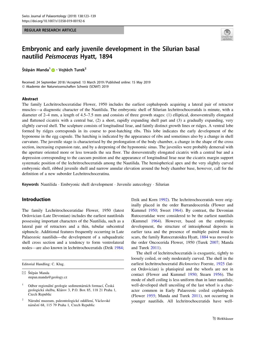 Embryonic and Early Juvenile Development in the Silurian Basal Nautilid Peismoceras Hyatt, 1894