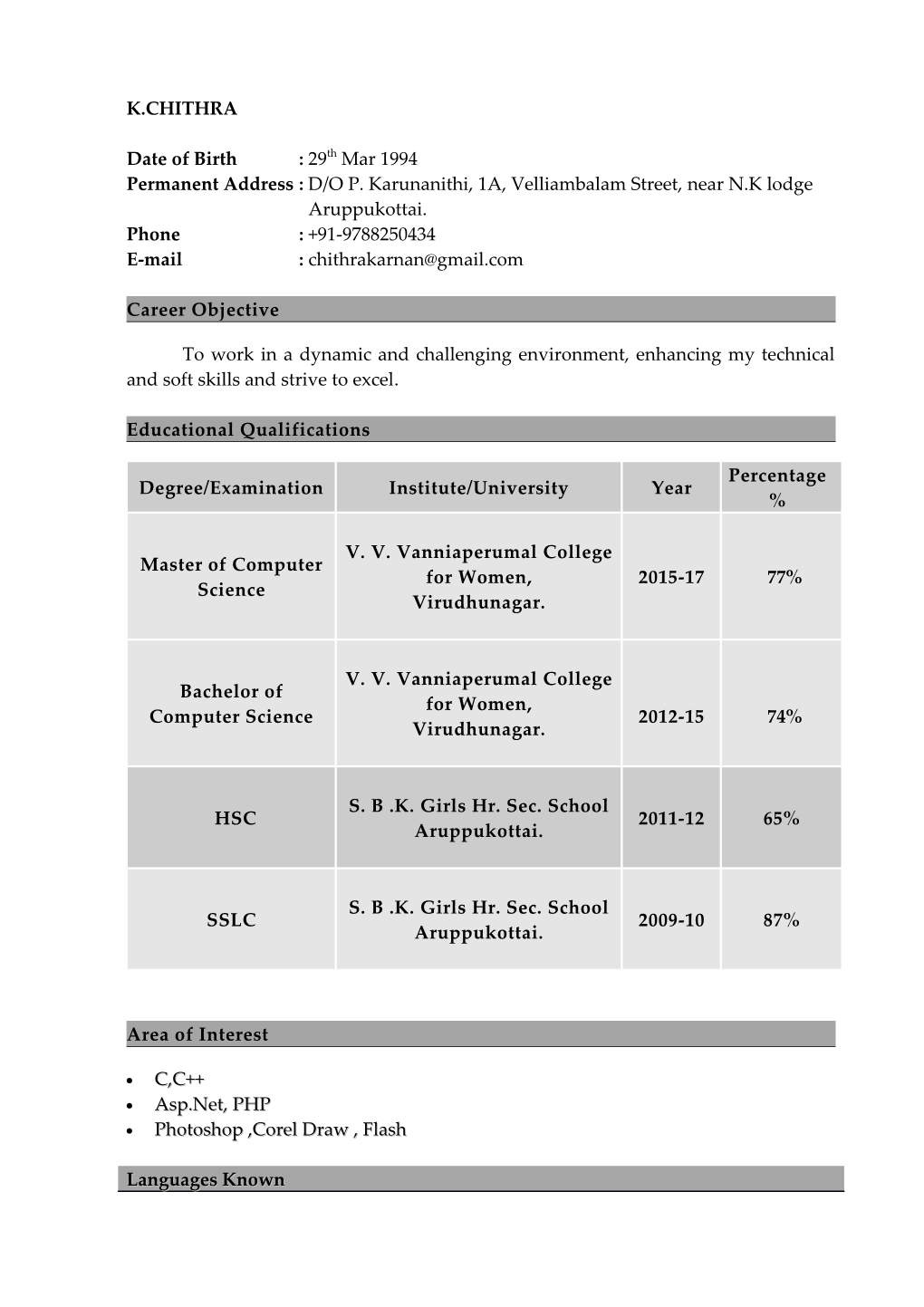 Permanent Address : D/O P. Karunanithi, 1A, Velliambalam Street, Near N.K Lodge