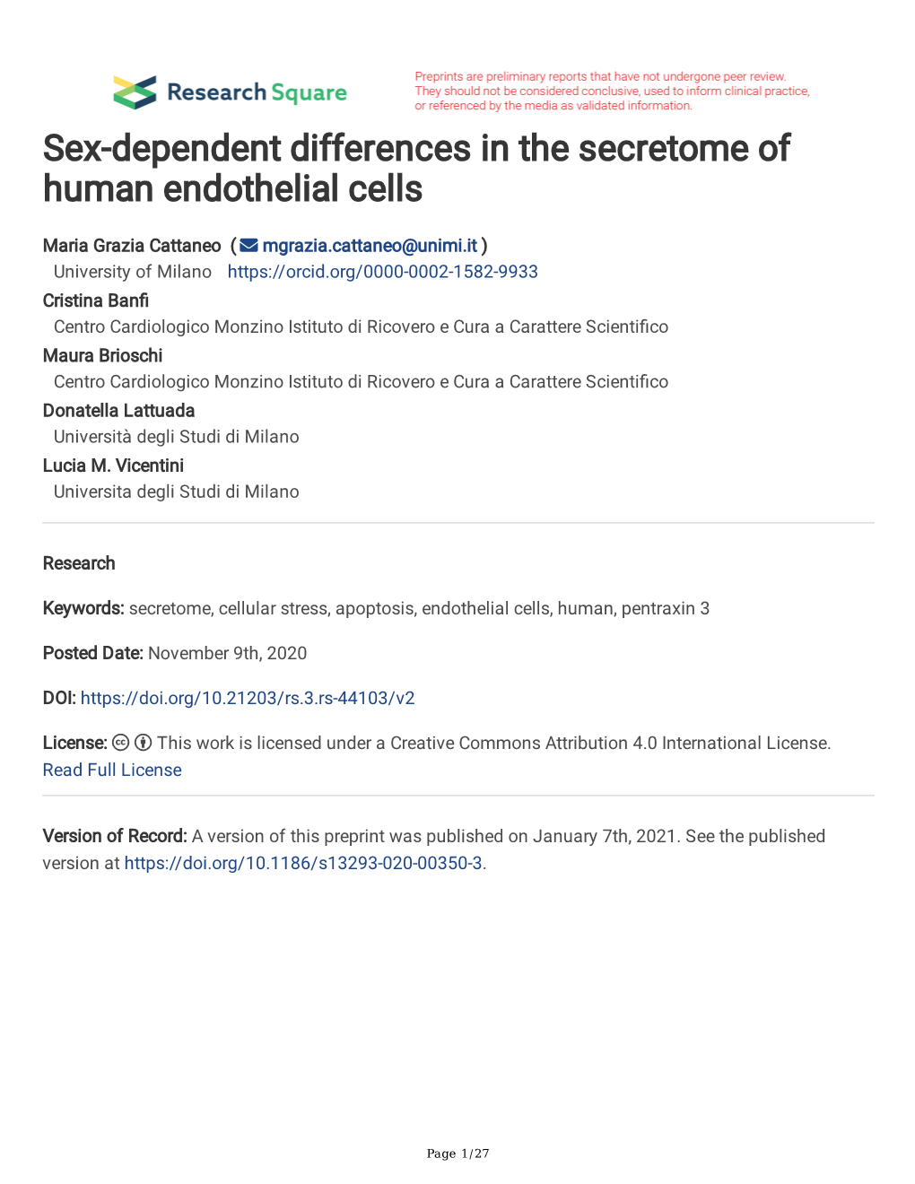 Sex-Dependent Differences in the Secretome of Human Endothelial Cells