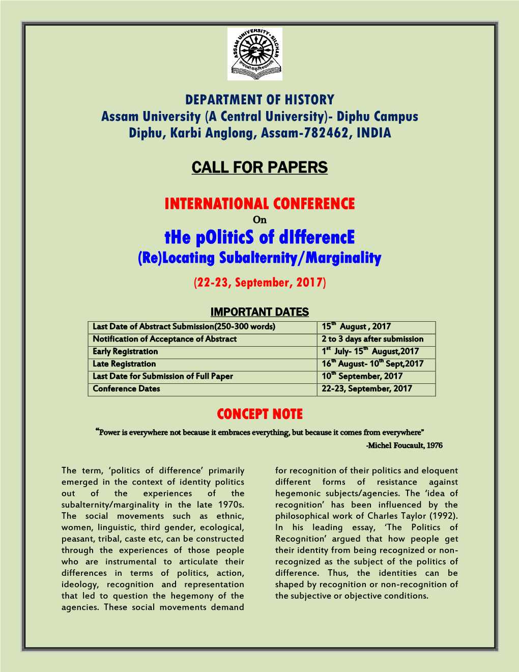 The Politics of Difference (Re)Locating Subalternity/Marginality (22-23, September, 2017)