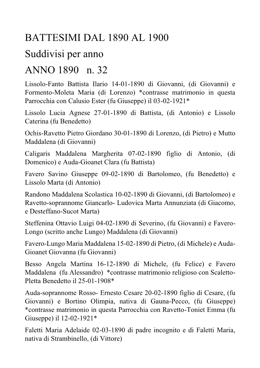 BATTESIMI DAL 1890 AL 1900 Suddivisi Per Anno ANNO 1890 N. 32