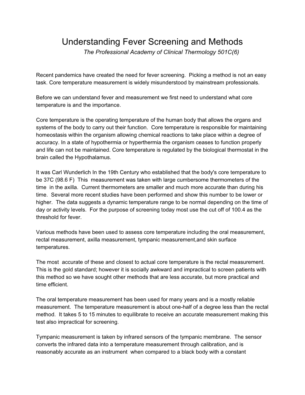 Understanding Fever Screening and Methods the Professional Academy of Clinical Thermology 501C(6)