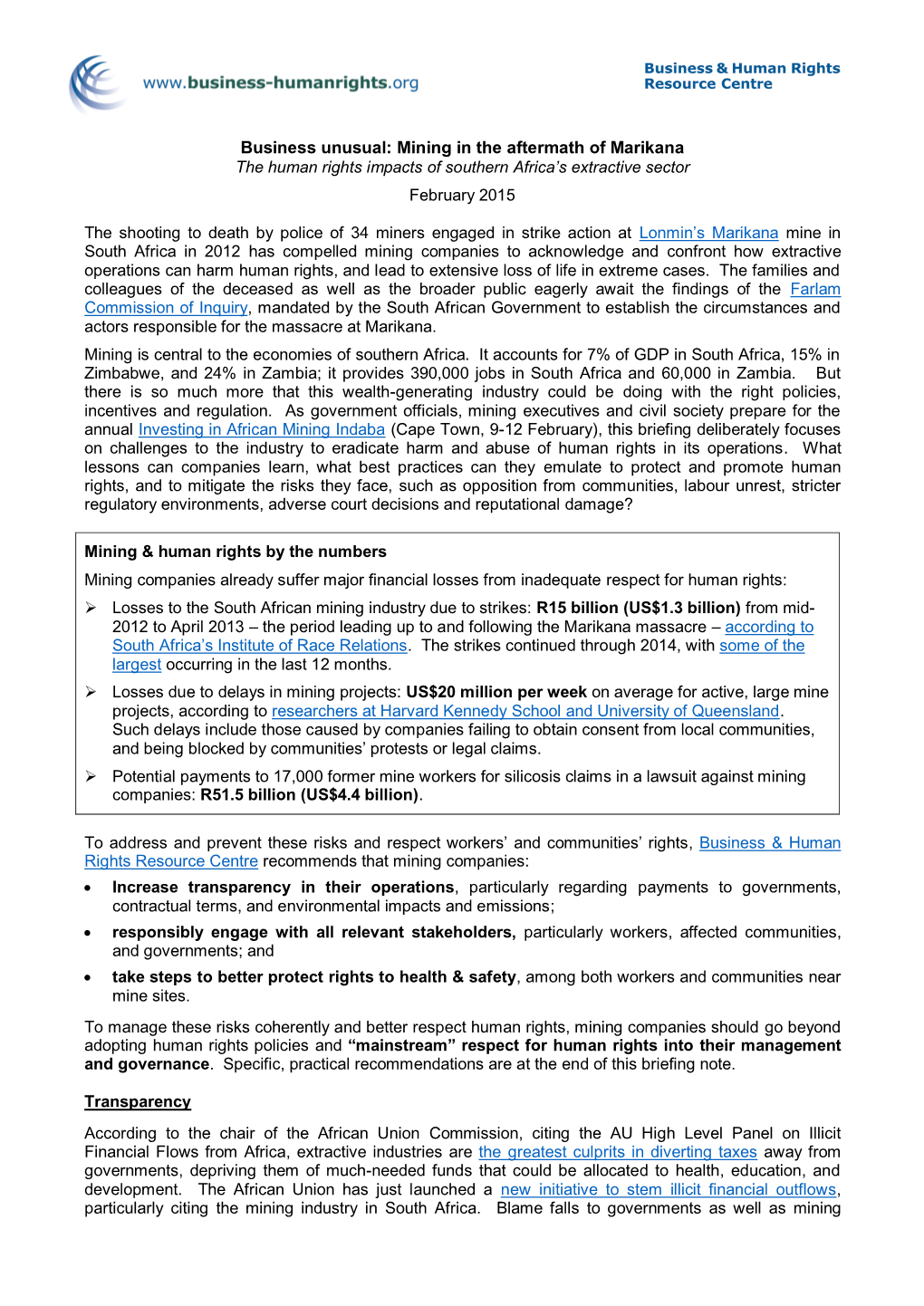 Mining in the Aftermath of Marikana the Human Rights Impacts of Southern Africa’S Extractive Sector February 2015