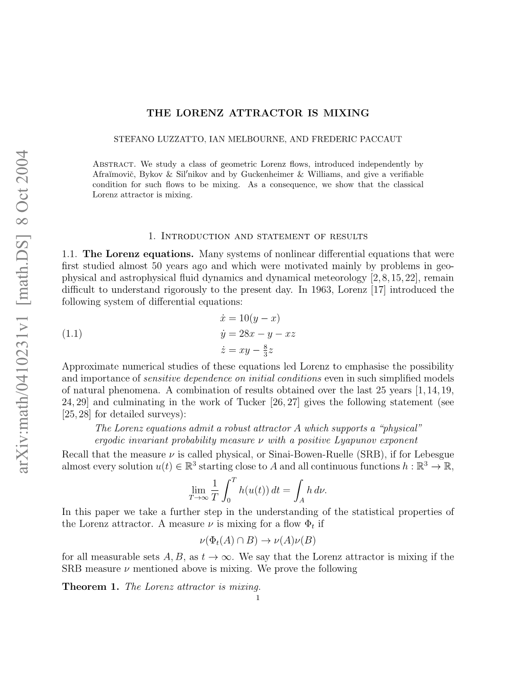 Arxiv:Math/0410231V1 [Math.DS] 8 Oct 2004 Icl Oudrtn Ioosyt H Rsn A.I 93 Lor 1963, in Day