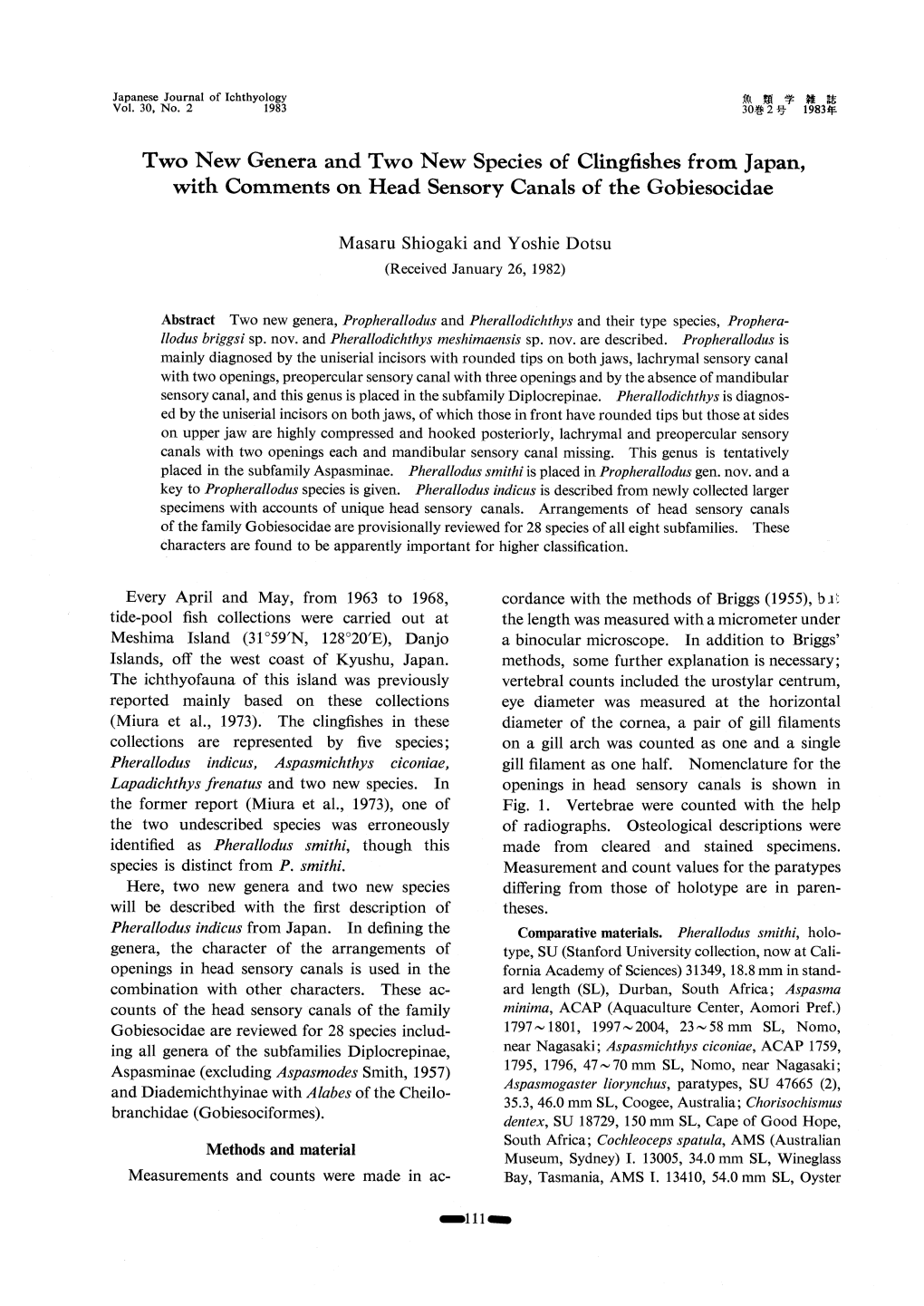 Two New Genera and Two New Species of Clingfishes from Japan, with Comments on Head Sensory Canals of the Gobiesocidae