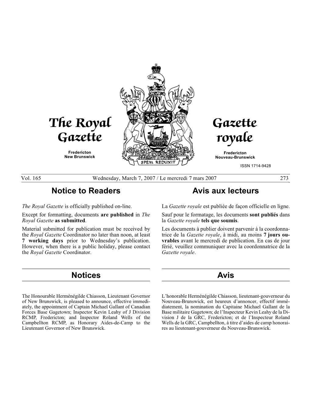 The Royal Gazette / Gazette Royale