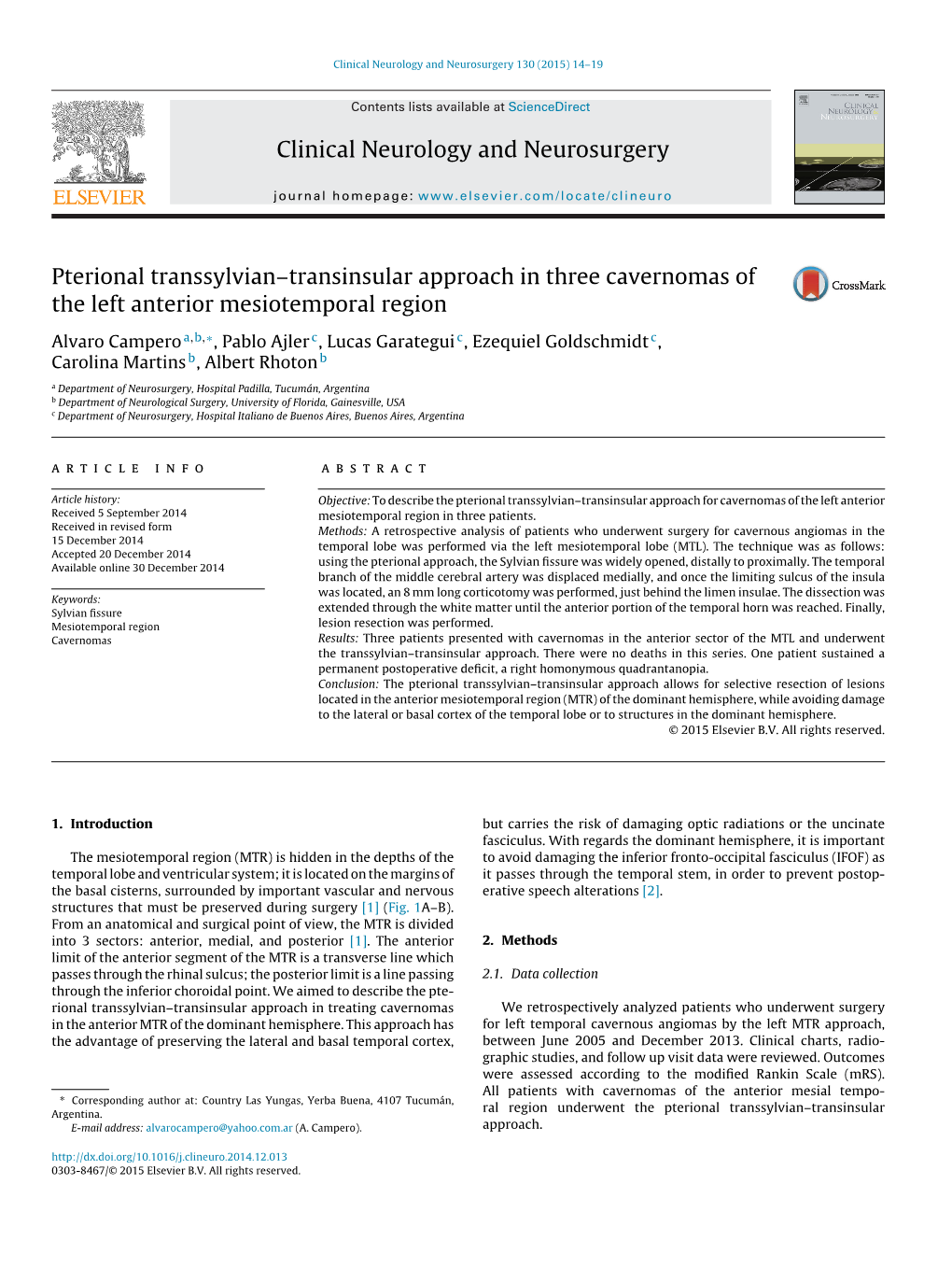 Pterional Transsylvian–Transinsular Approach in Three Cavernomas Of