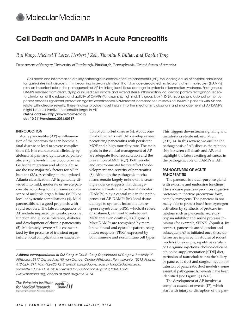 Cell Death and Damps in Acute Pancreatitis