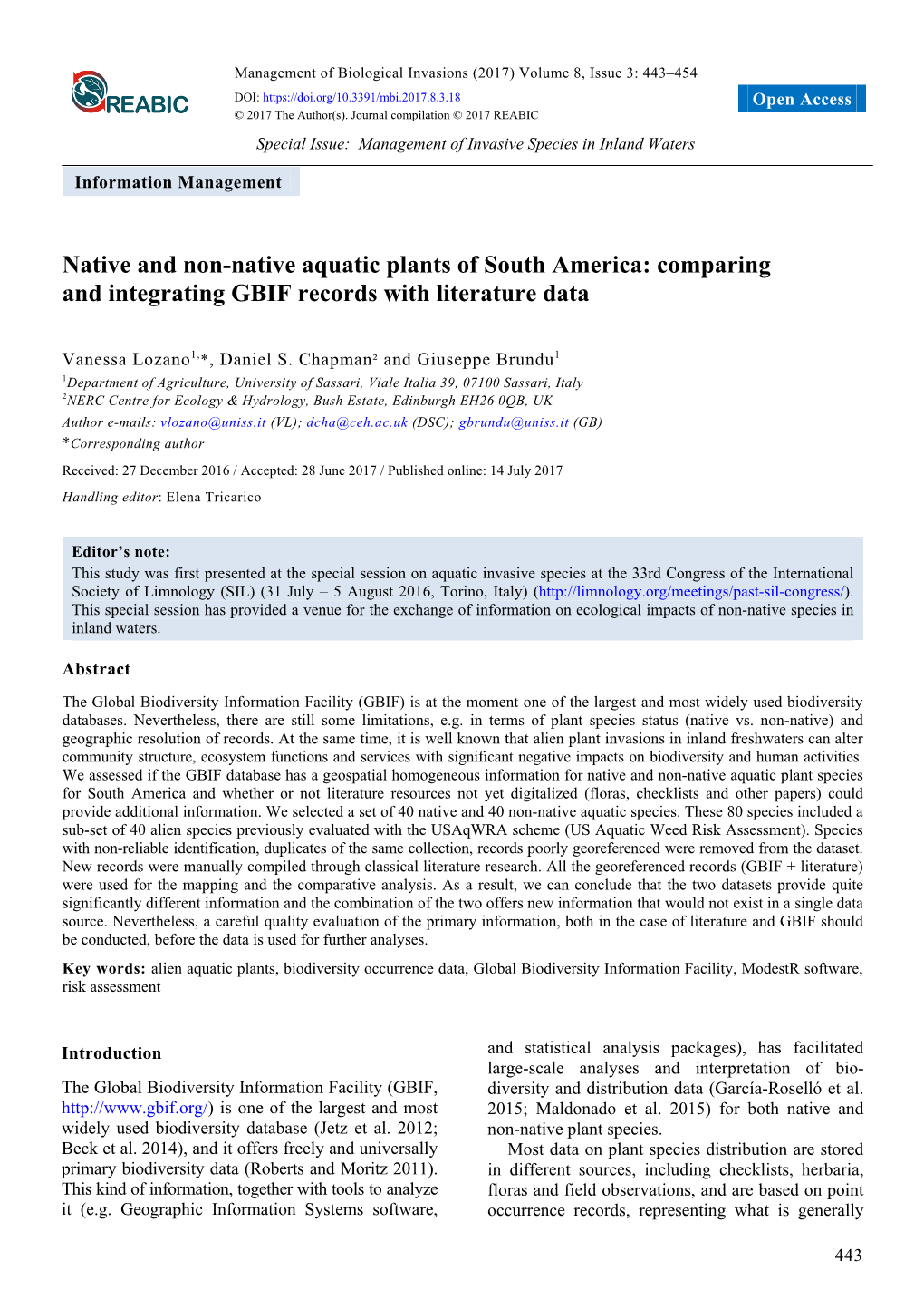 Native and Non-Native Aquatic Plants of South America: Comparing and Integrating GBIF Records with Literature Data