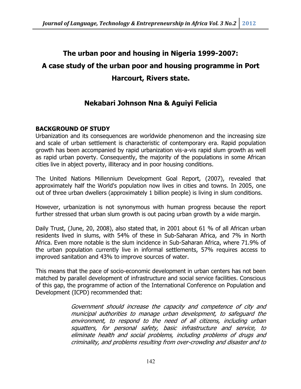 The Urban Poor and Housing in Nigeria 1999-2007: a Case Study of the Urban Poor and Housing Programme in Port Harcourt, Rivers State