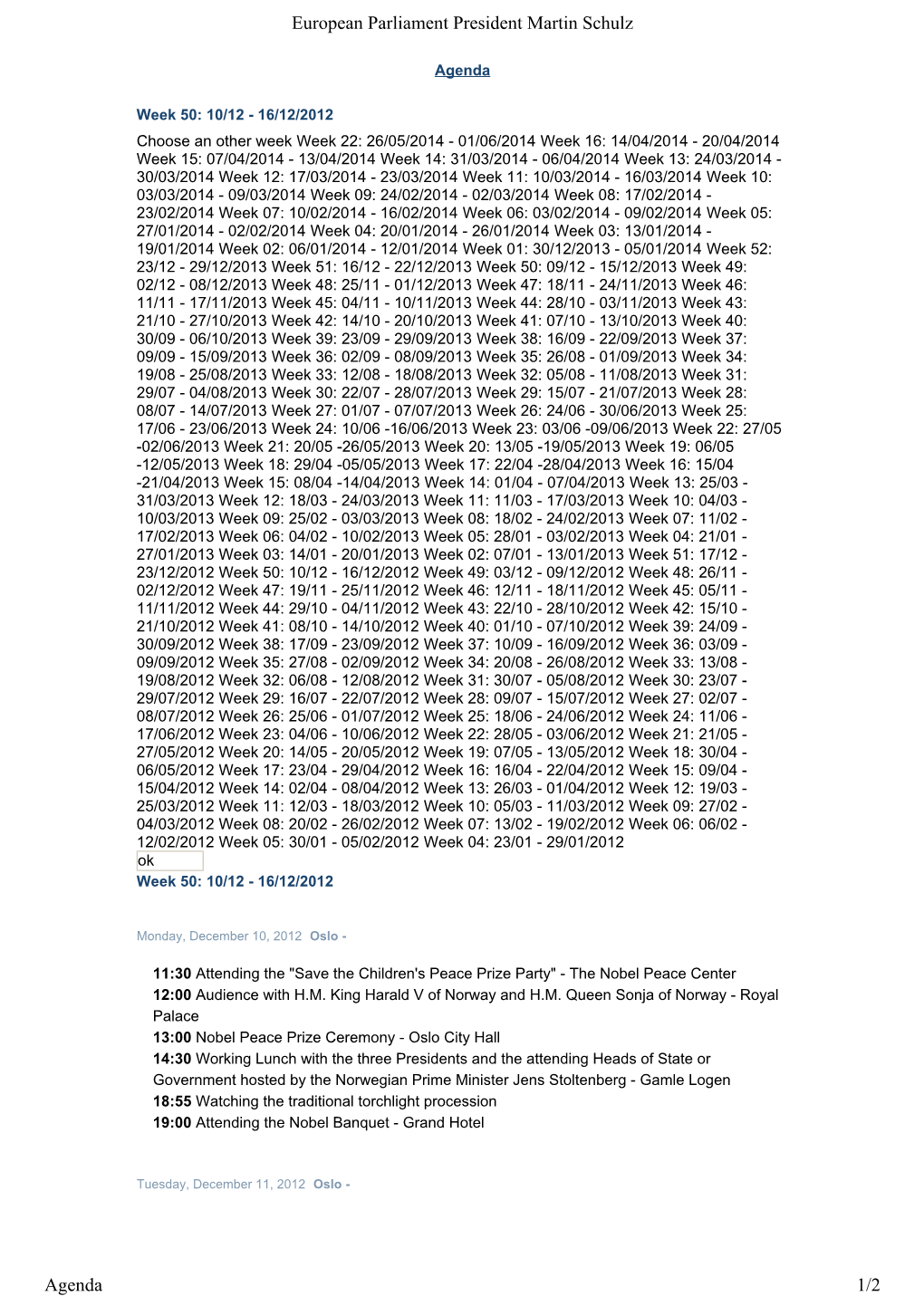 European Parliament President Martin Schulz Agenda