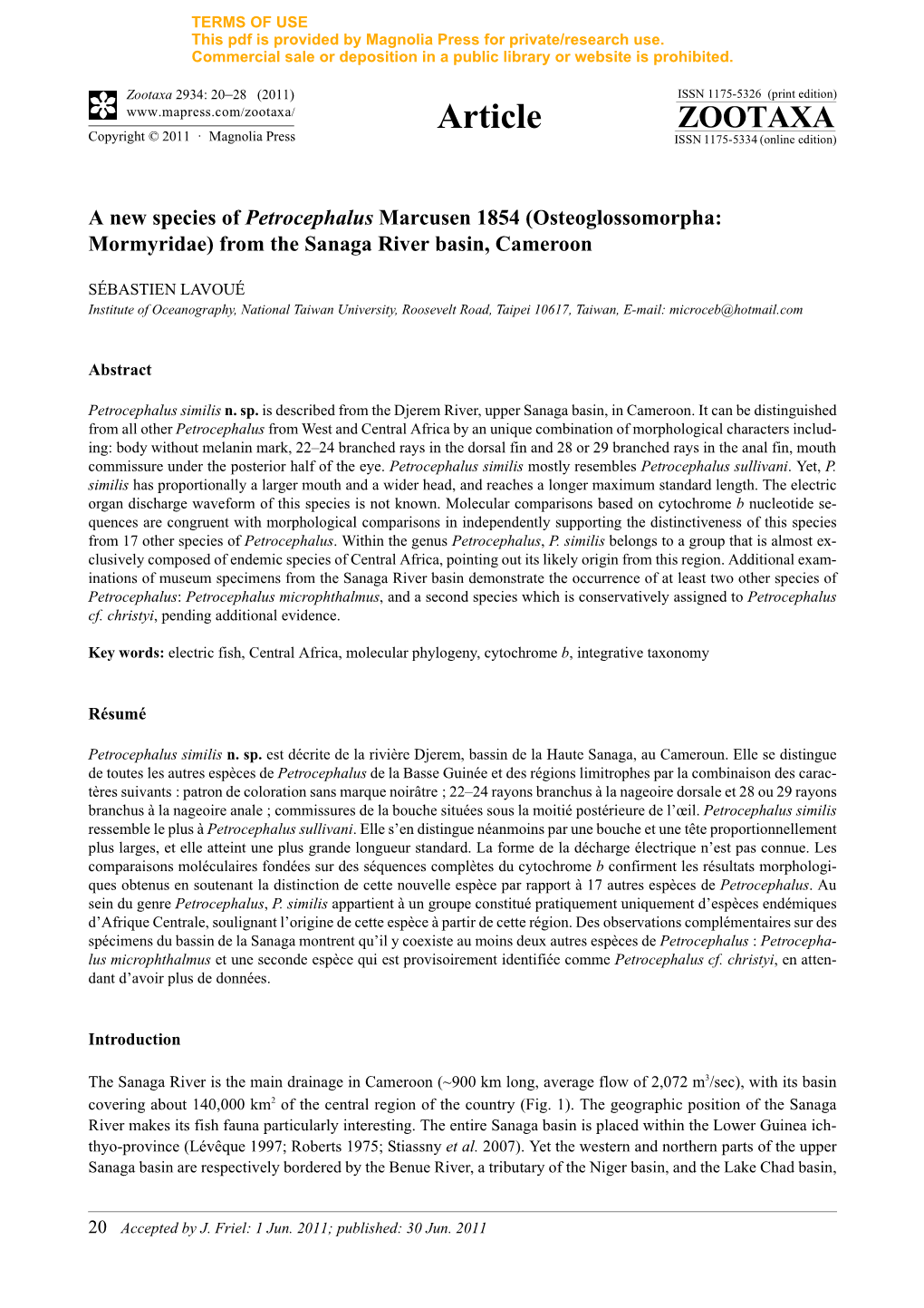 A New Species of Petrocephalus Marcusen 1854 (Osteoglossomorpha: Mormyridae) from the Sanaga River Basin, Cameroon