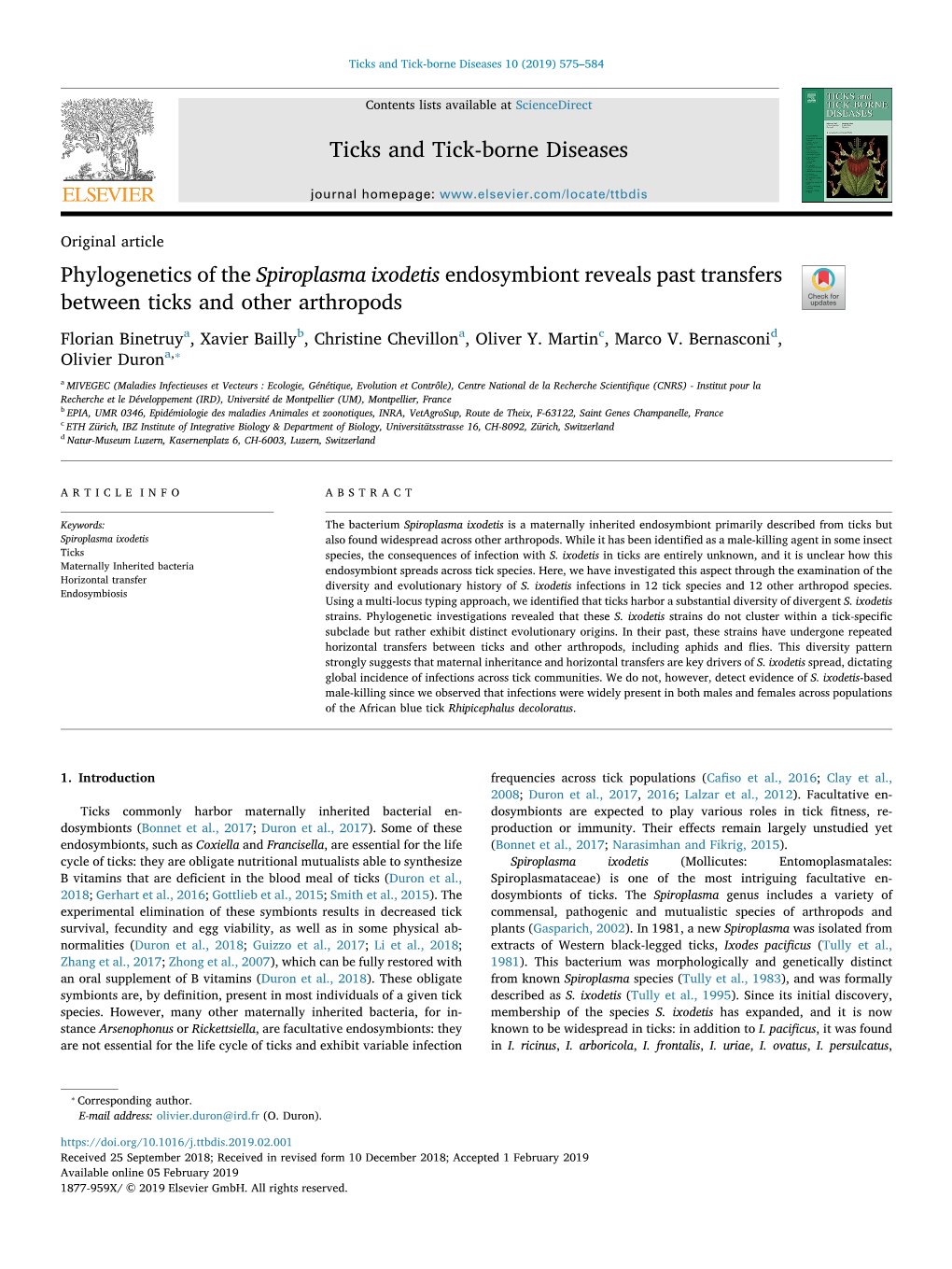 Phylogenetics of the Spiroplasma Ixodetis Endosymbiont Reveals Past Transfers Between Ticks and Other Arthropods T