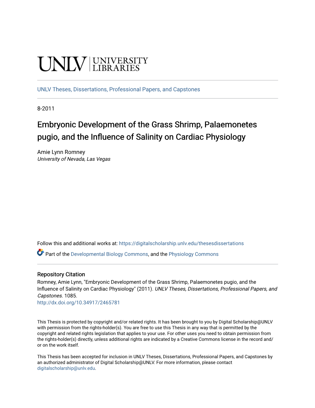 Embryonic Development of the Grass Shrimp, Palaemonetes Pugio, and the Influence of Salinity on Cardiac Physiology