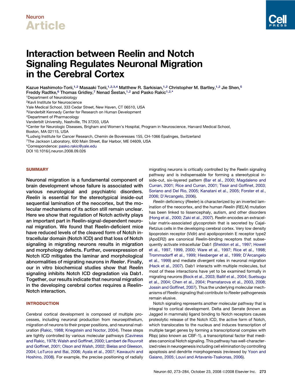 Interaction Between Reelin and Notch Signaling Regulates Neuronal Migration in the Cerebral Cortex