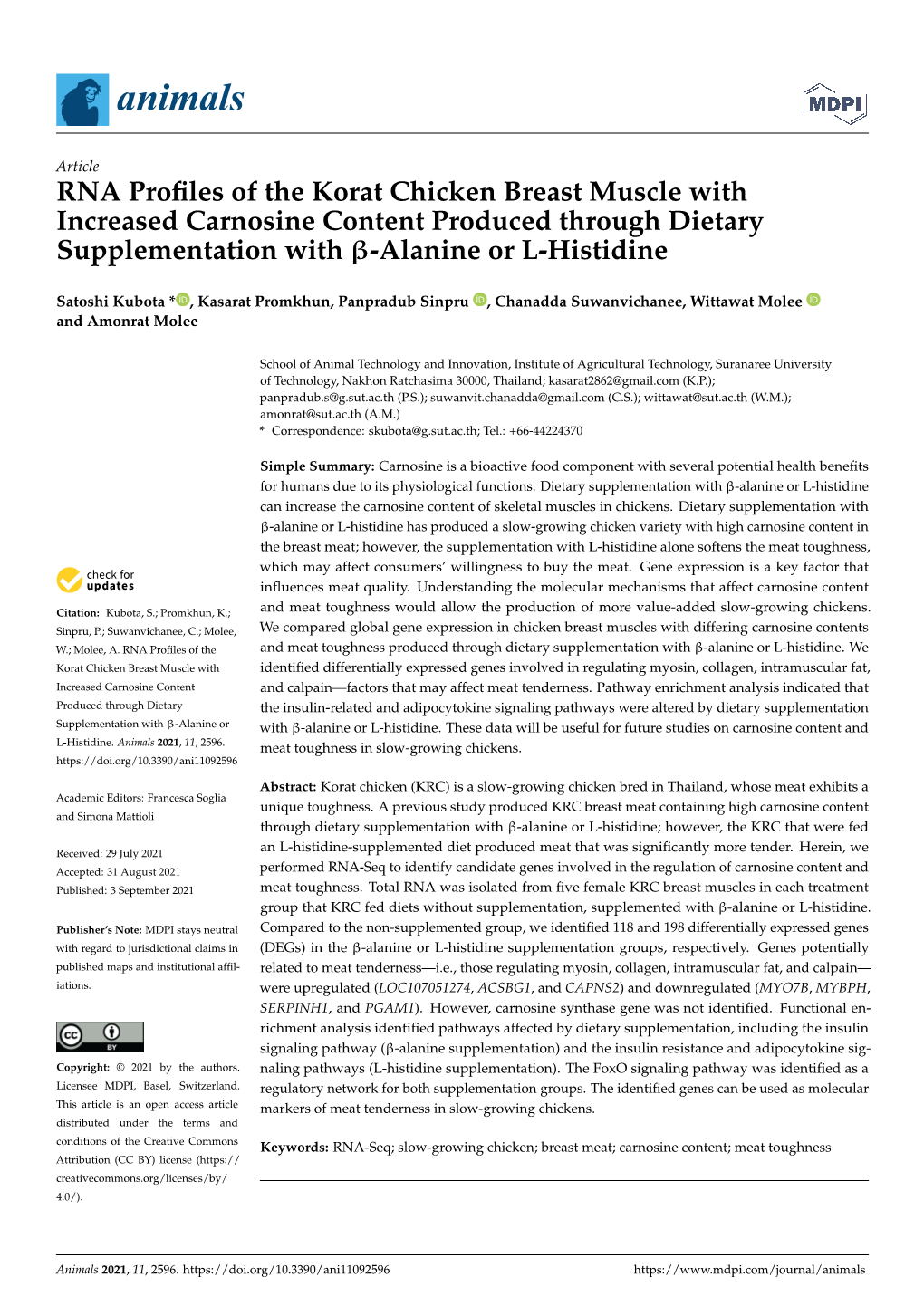 RNA Profiles of the Korat Chicken Breast Muscle with Increased Carnosine Content Produced Through Dietary Supplementation With