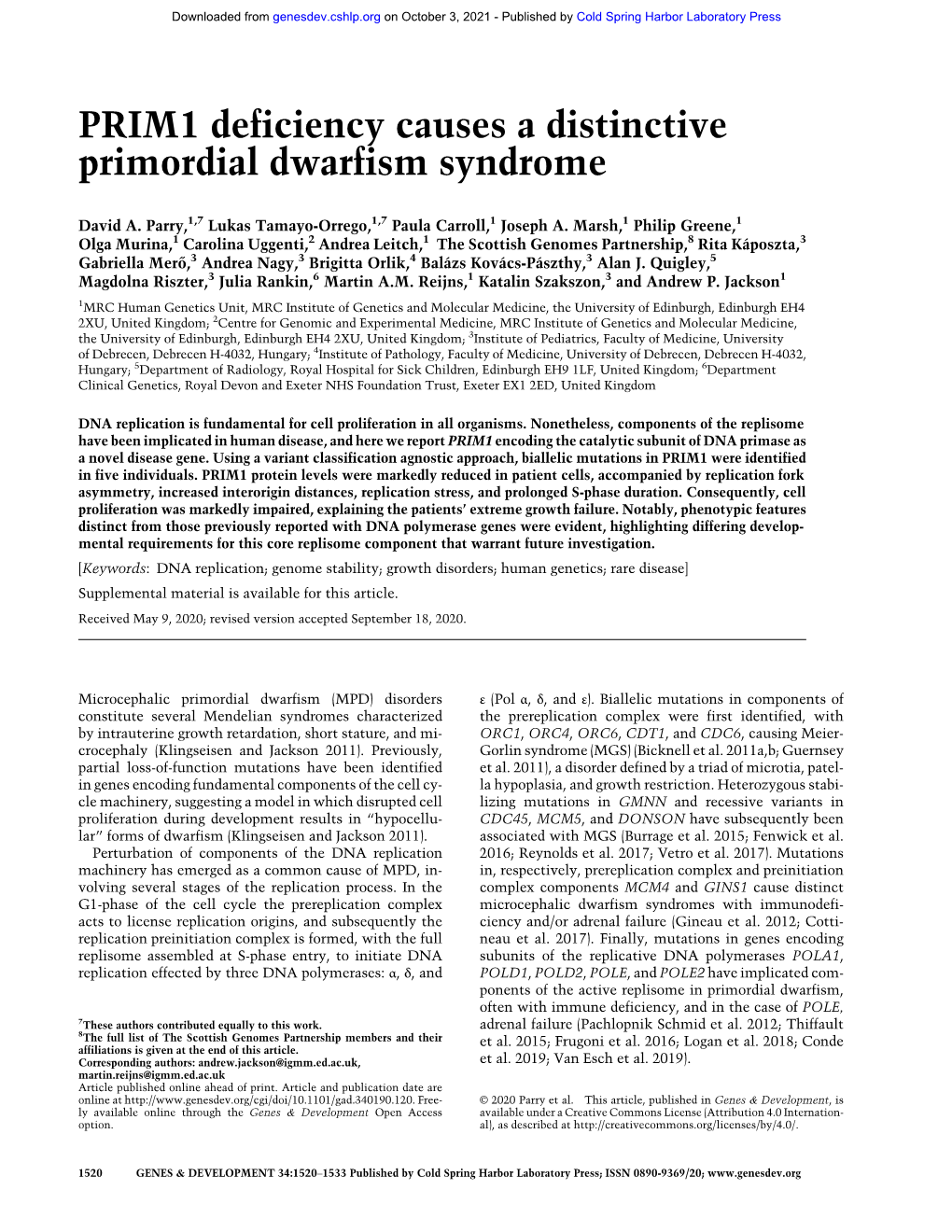 PRIM1 Deficiency Causes a Distinctive Primordial Dwarfism Syndrome