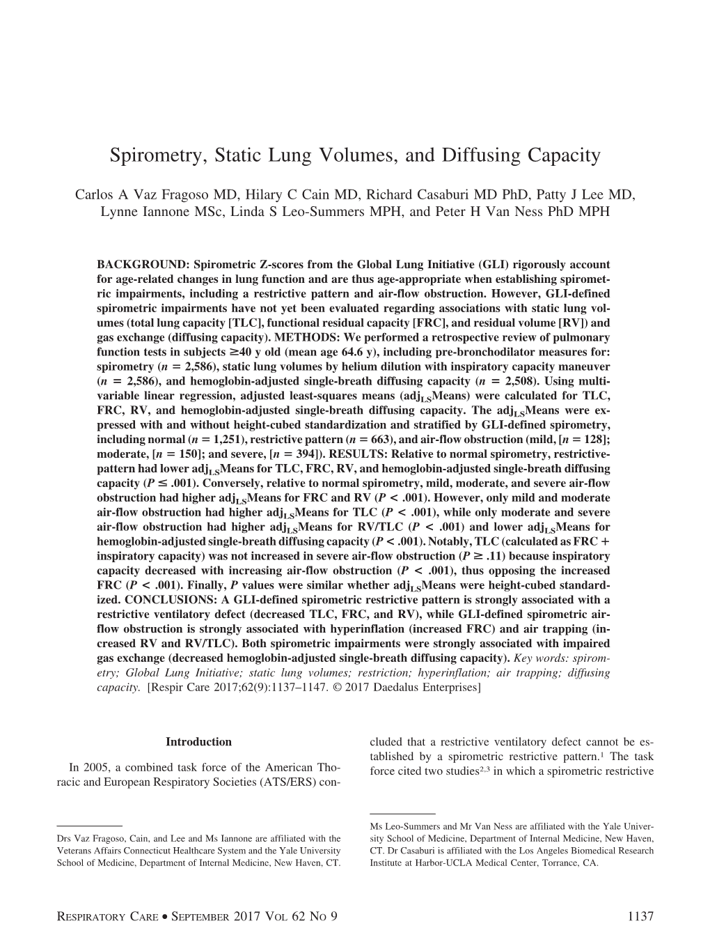 Spirometry, Static Lung Volumes, and Diffusing Capacity