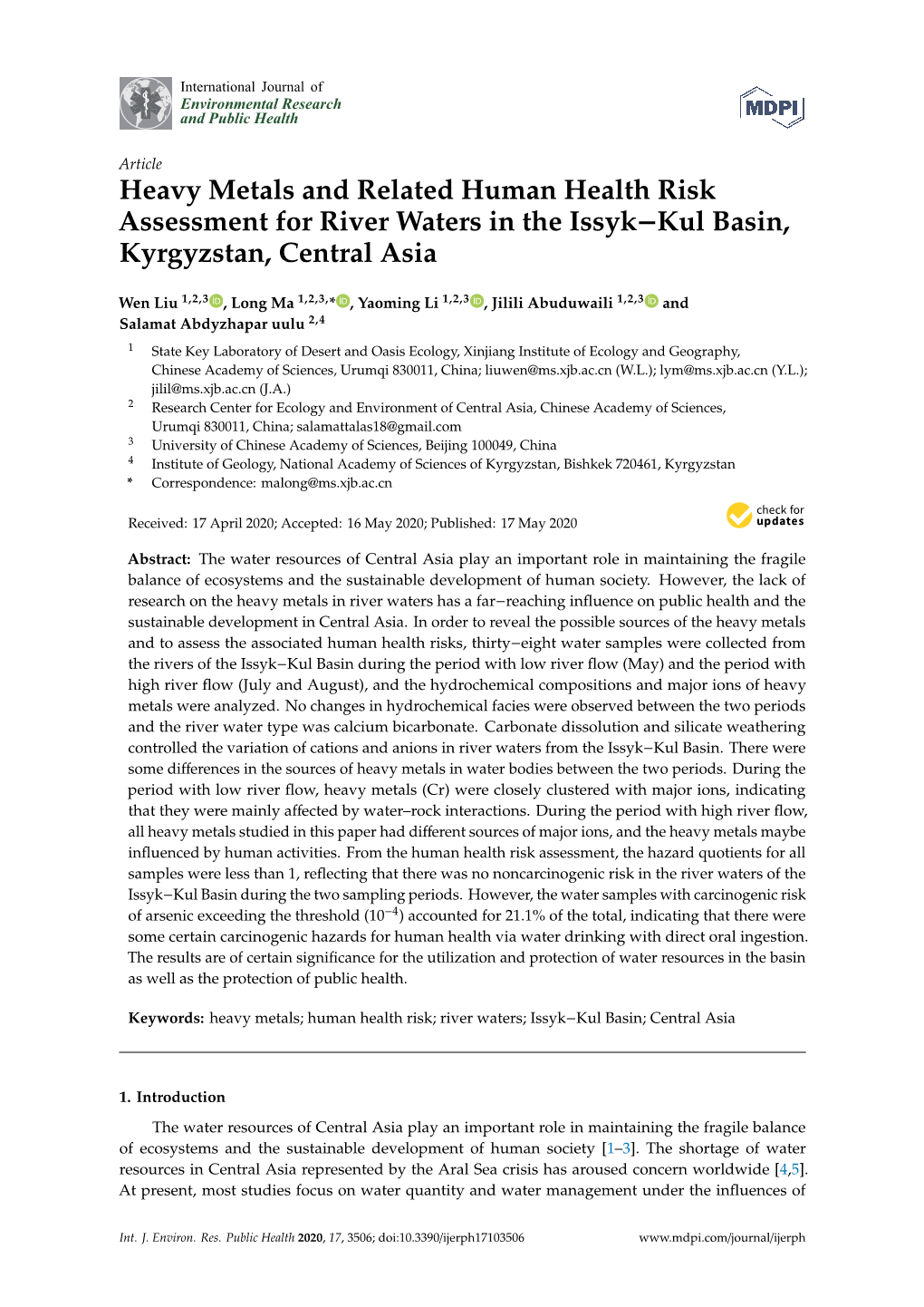 Heavy Metals and Related Human Health Risk Assessment for River Waters in the Issyk−Kul Basin, Kyrgyzstan, Central Asia