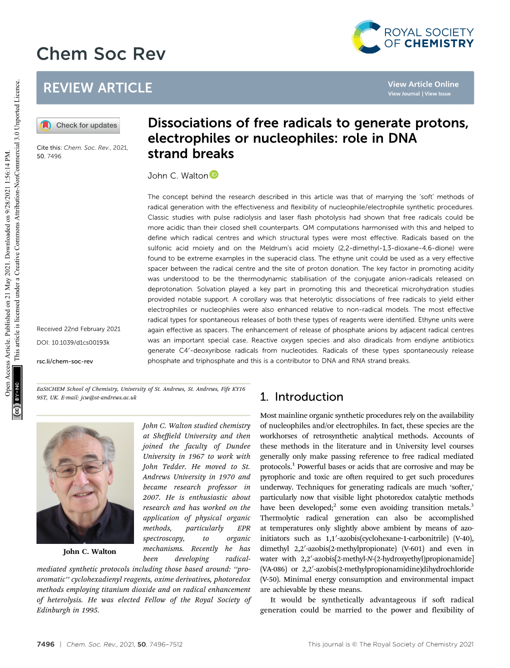 Dissociations of Free Radicals to Generate Protons, Electrophiles Or Nucleophiles: Role in DNA Cite This: Chem