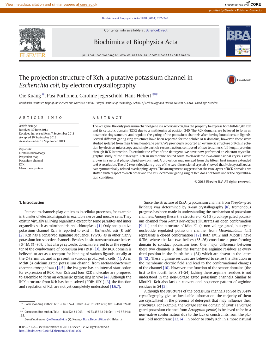 The Projection Structure of Kch, a Putative Potassium Channel in Escherichia Coli, by Electron Crystallography