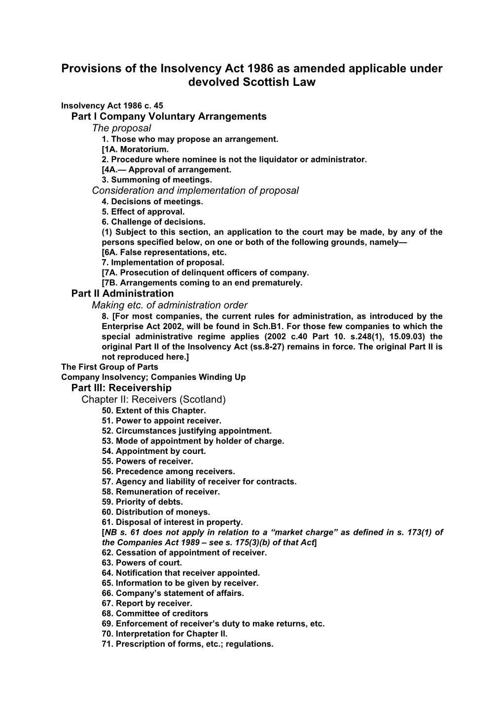 Provisions of the Insolvency Act 1986 As Amended Applicable Under Devolved Scottish Law