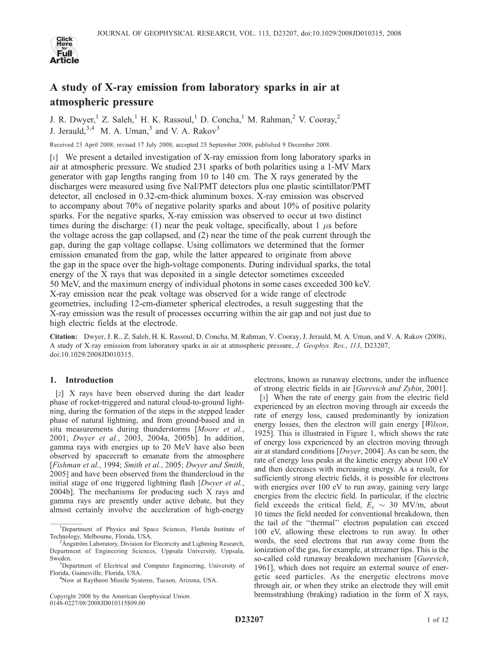 A Study of X-Ray Emission from Laboratory Sparks in Air at Atmospheric Pressure J