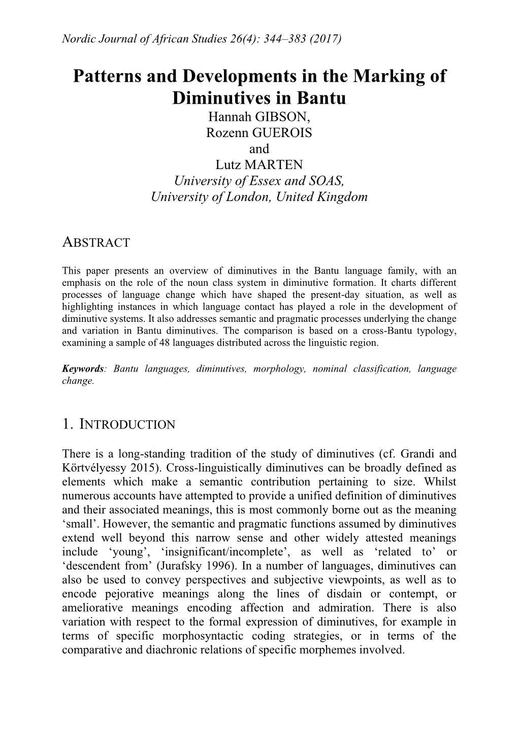 Patterns and Developments in the Marking of Diminutives in Bantu