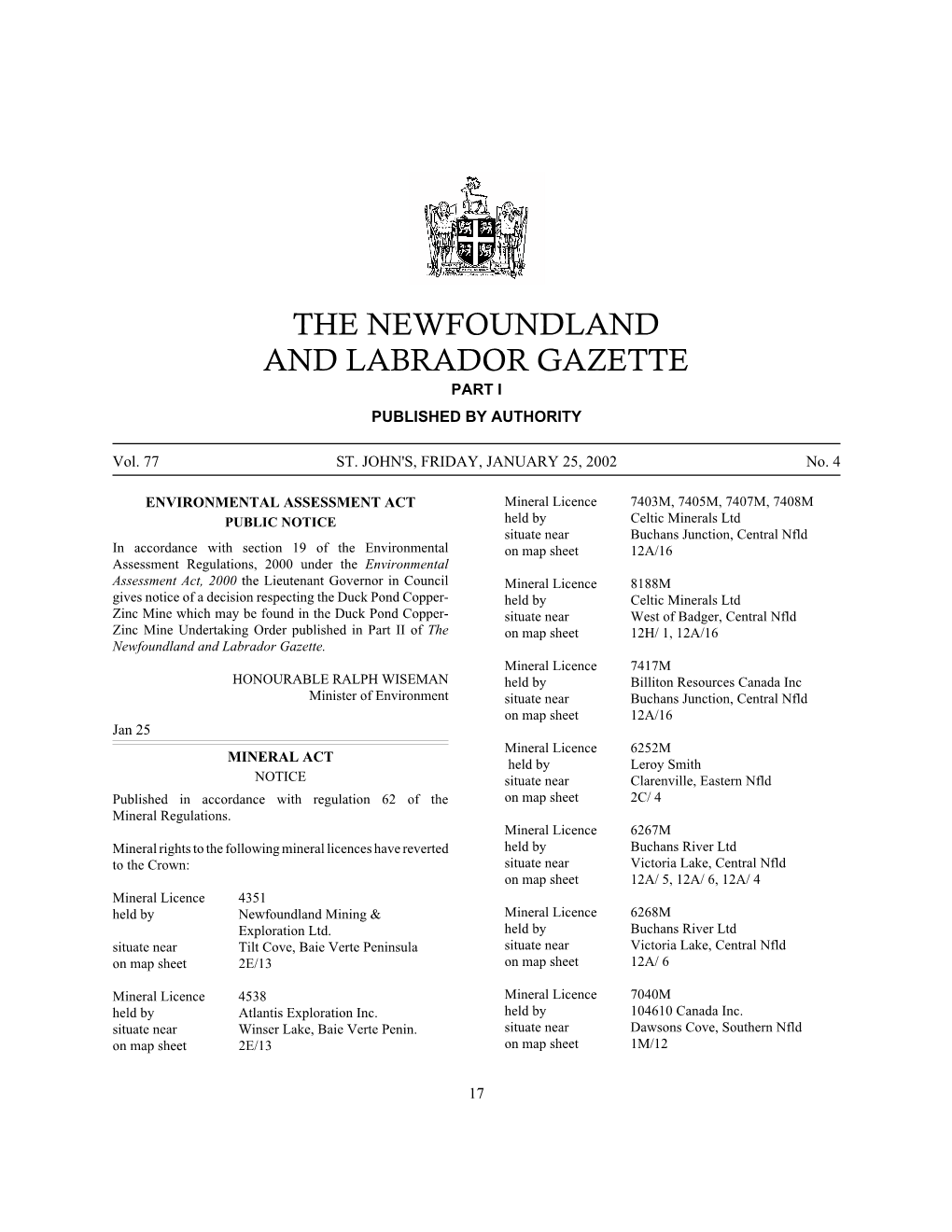 The Newfoundland and Labrador Gazette Part I Published by Authority