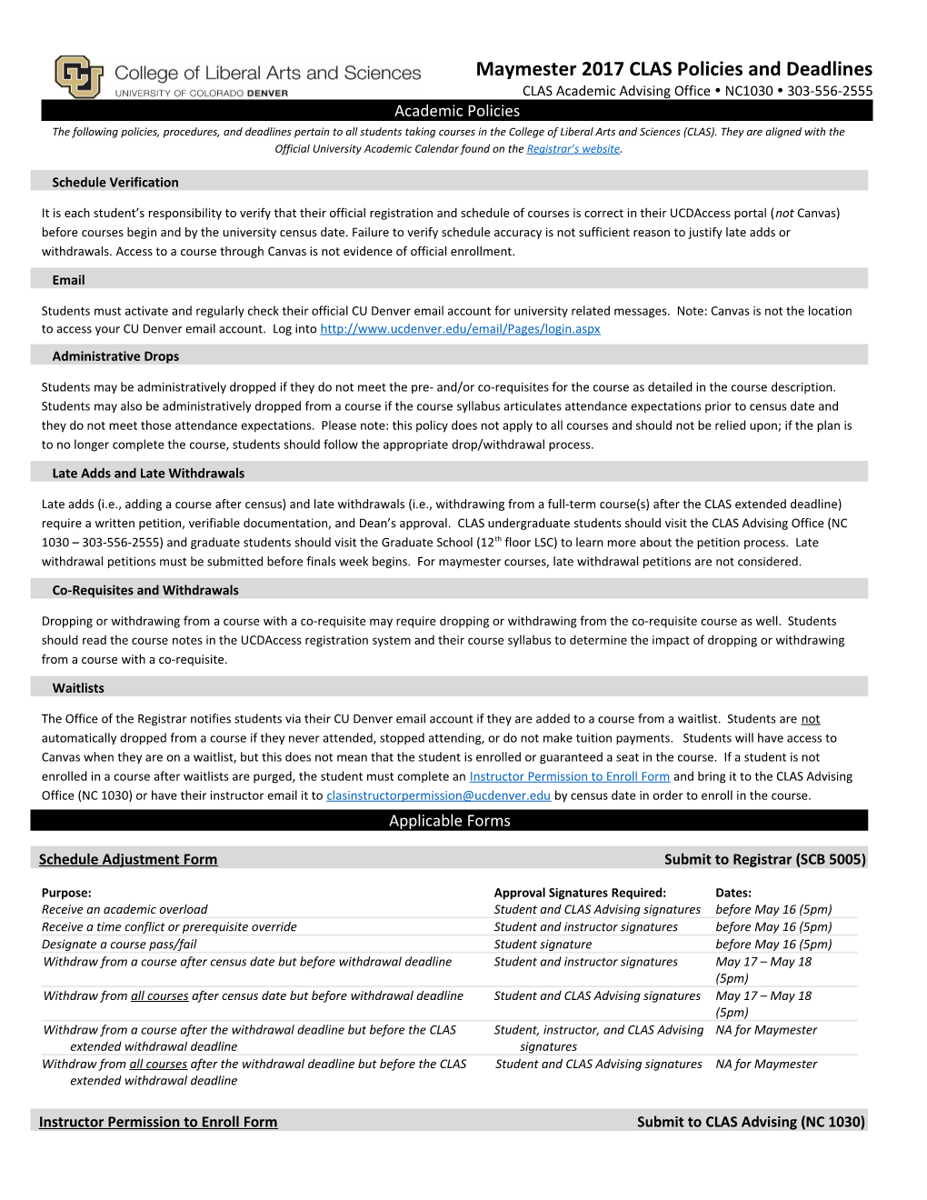 Maymester 2017 CLAS Policies and Deadlines